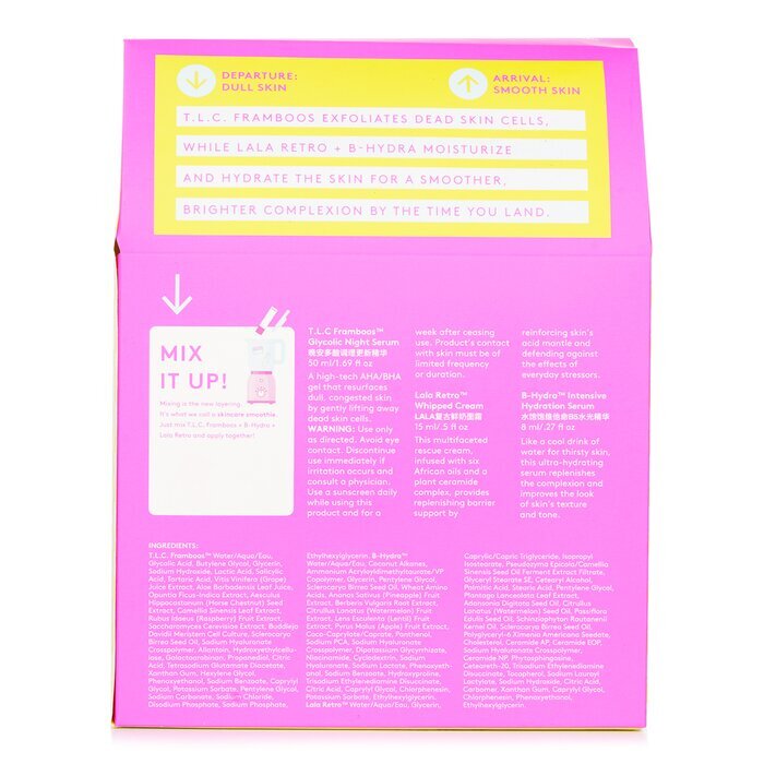 Drunk Elephant The TakeOff Kit: TLC Framboos Night Serum 50ml + B-Hydra Serum 8ml + Lala Retro Whipped Cream 15ml 3 stuks