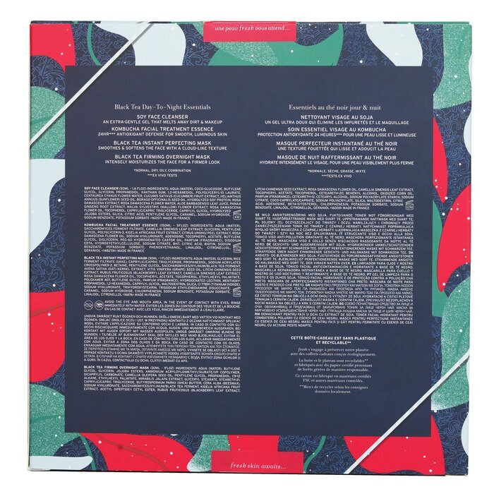 Set van verse zwarte thee: gezichtsreiniger met soja, kombucha FT-essence, direct perfectionerend masker en verstevigend nachtmasker (4 stuks)