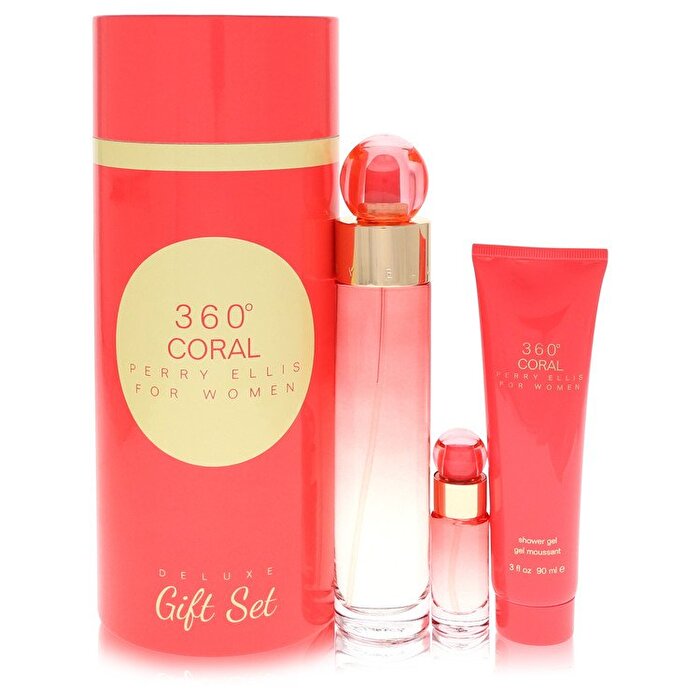 Perry Ellis Perry Ellis 360 Coral Cadeauset - 3,4 oz Eau de Parfum Spray + Mini Eau De Parfum Spray + 3 oz Douchegel