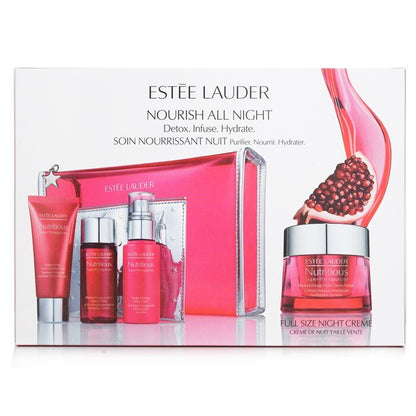 Estee Lauder Nutritious Super-Pomegranate Nourish All Night Set: Night Creme+ Milky Lotion+ Lotion Intense Moist+ Cleansing Form... 4pcs+2bags