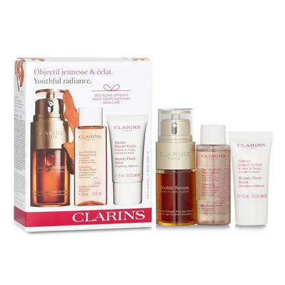 Clarins Youthful Radiance Set: Double Serum 30ml+ Cleansing Micellar Water 50ml+ Beauty Flash Balm 15ml 3pcs