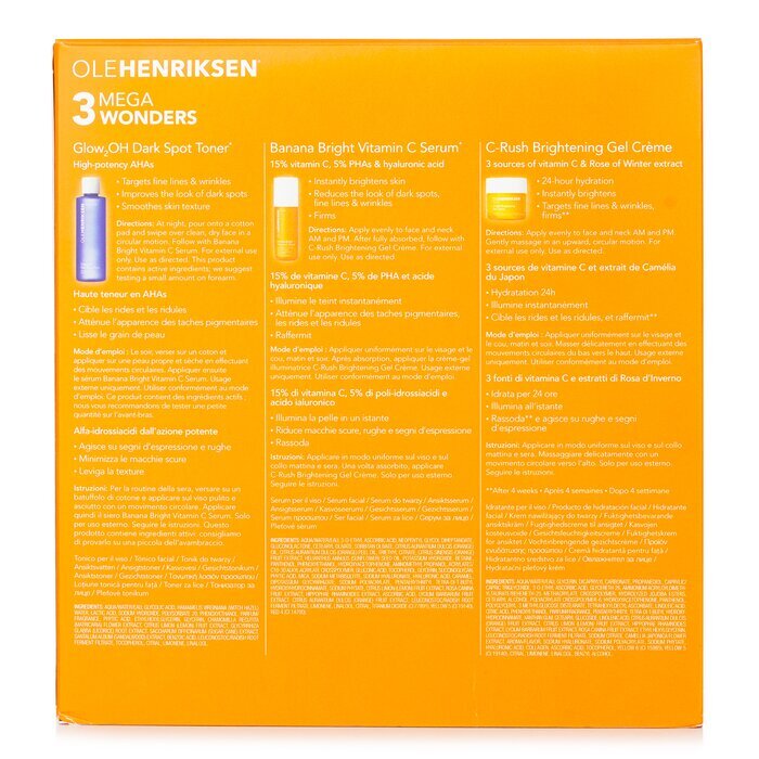 Ole Henriksen 3 Mega Wonders Set: Banana Bright Vitamin C Serum 15ml + Glow2OH Dark Spot Toner 190ml + C-Rush Brightening Gel Crème 35ml 3pcs