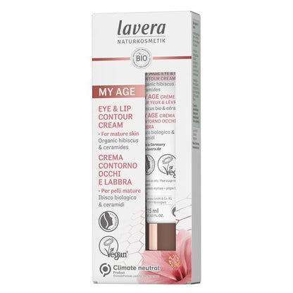 Lavera My Age Oog- en lipcontourcrème met biologische hibiscus en ceramiden - voor de rijpere huid 15 ml/0,5 oz