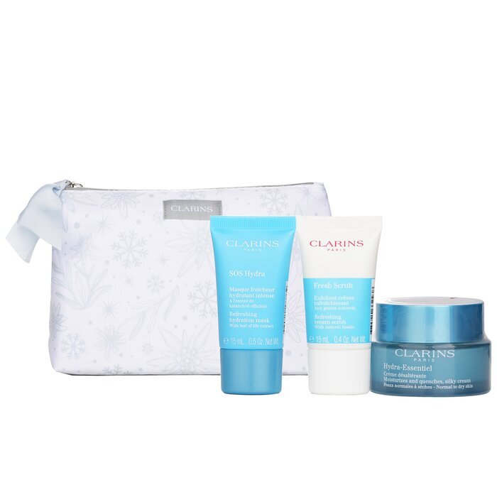 Clarins Hydration Collection: Hydra-Essentiel Silky Cream 50ml+ Fresh Scrub 15ml+ SOS Hydra Mask 15ml+ Pouch 3pcs+1pouch