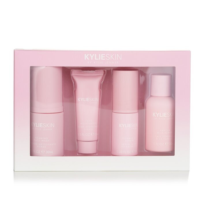 Kylie Skin 4-delige miniset: schuimende gezichtsreiniger 30 ml + gezichtsbevochtiger 15 ml + vitamine C-serum 10 ml + vanillemelk-toner 30 ml 4 stuks