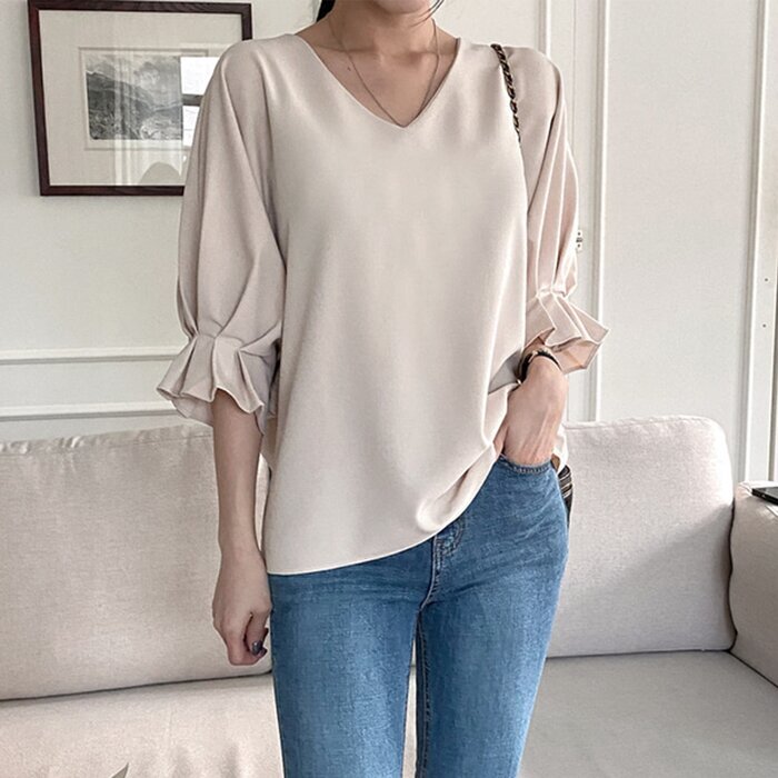 Trendywhere V-Neck Loose Fit Ruffle Blouse Free (XS-L)